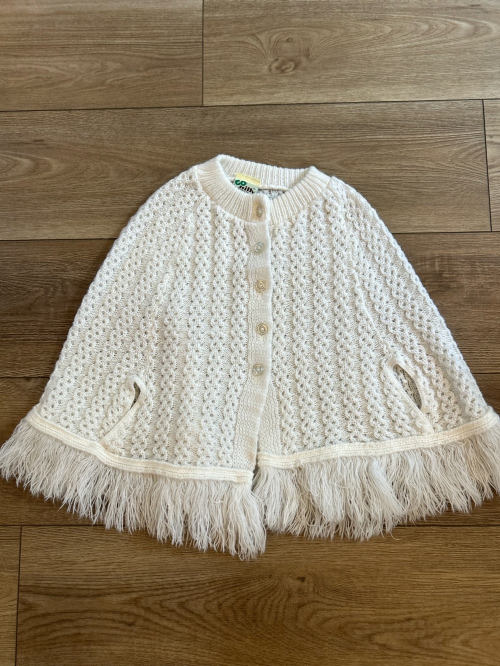 Vintage Go Nitty by AKM Girls Cream Fringe Knit Poncho Cape Made USA 80s